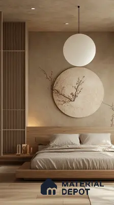 Tranquil and Natural Bedroom Design with Shoji Screens and Full Moon Sobha Windsor Whitefield | Material Depot