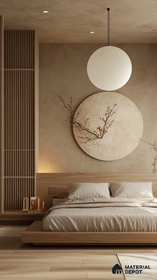 Tranquil and Natural Bedroom Design with Shoji Screens and Full Moon Sobha Windsor Whitefield | Material Depot