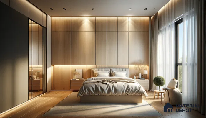 Tranquil Bedroom Haven with Soft Lighting and Natural Wood Tones | Material Depot