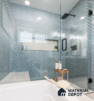 Tranquil Blue Herringbone Tile Bathroom with Walk-in Shower | Material Depot