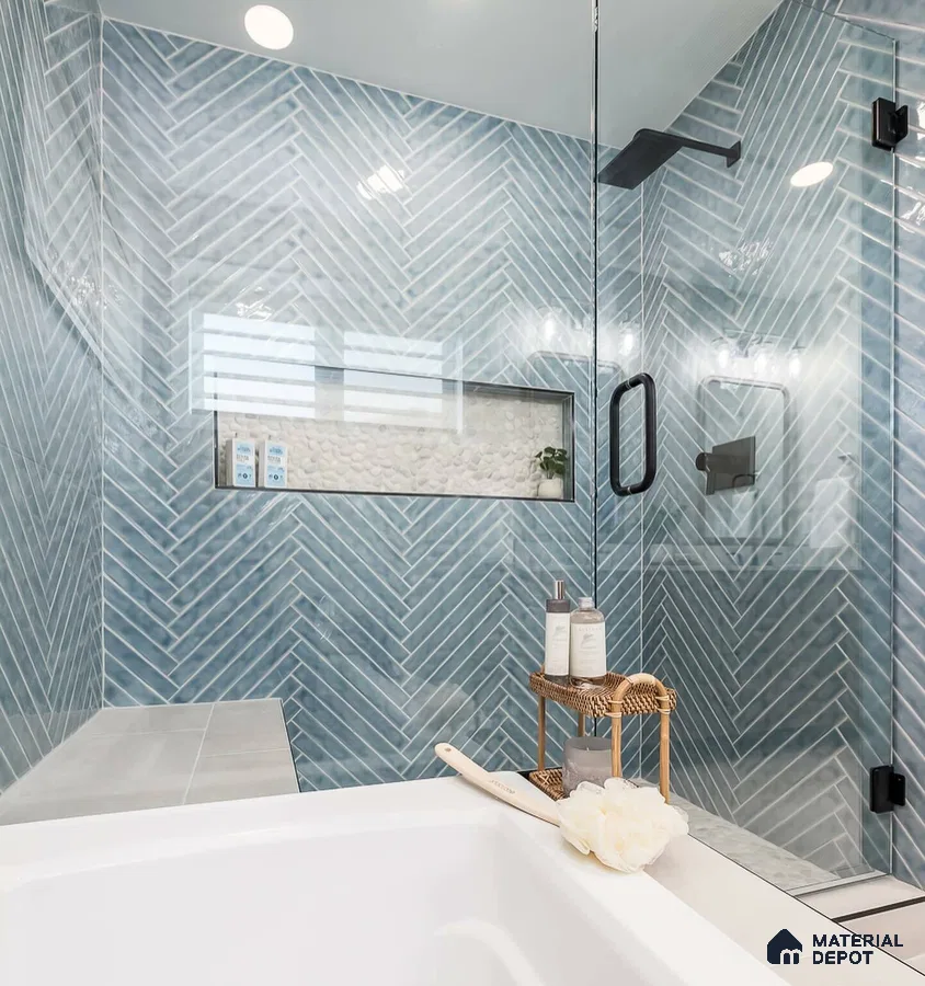 Tranquil Blue Herringbone Tile Bathroom with Walk-in Shower | Material Depot