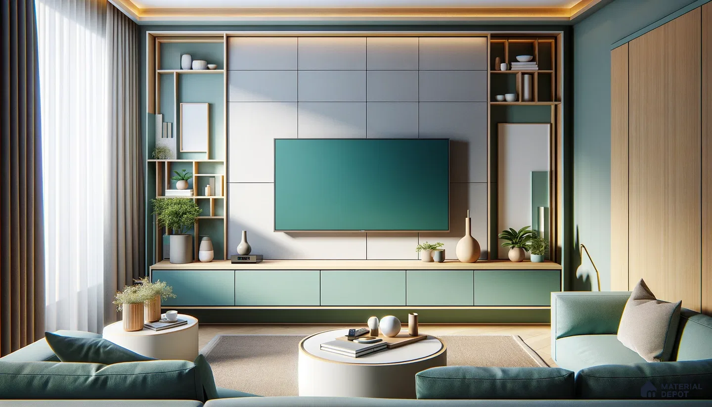 Tranquil Elegance: Modern Living with Teal Accents and Wood Elements | Material Depot