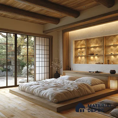 Tranquil Japanese-Inspired Bedroom Design with Outdoor Garden Viewer Godrej Ananda Bagalur Aerospace Park | Material Depot