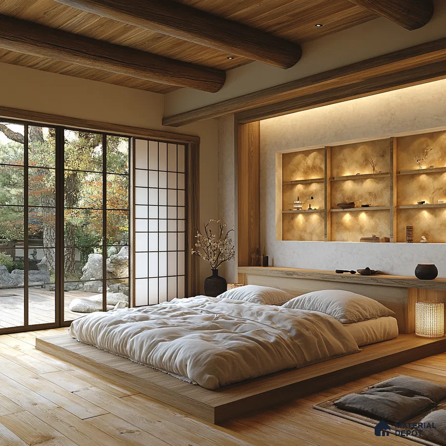Tranquil Japanese-Inspired Bedroom Design with Outdoor Garden Viewer Godrej Ananda Bagalur Aerospace Park | Material Depot