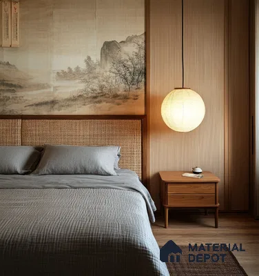 Tranquil Japanese-Inspired Bedroom Design with Woven Headboard and Landscape Art Provident Capella Whitefield | Material Depot