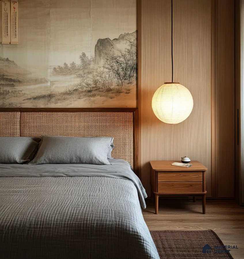 Tranquil Japanese-Inspired Bedroom Design with Woven Headboard and Landscape Art Provident Capella Whitefield | Material Depot