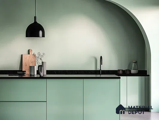 Tranquil Mint Green Kitchen with Curved Architectural Detail | Material Depot