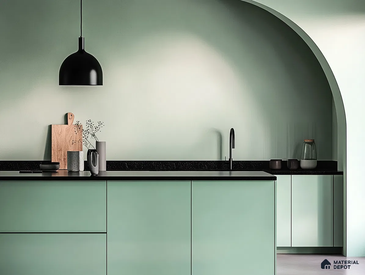 Tranquil Mint Green Kitchen with Curved Architectural Detail | Material Depot