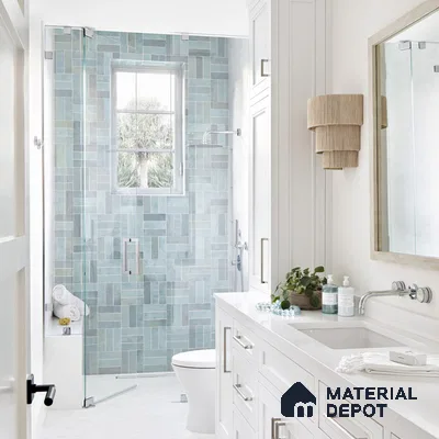 Tranquil Oasis White Serenity with Mosaic Blue Shower Tiles | Material Depot