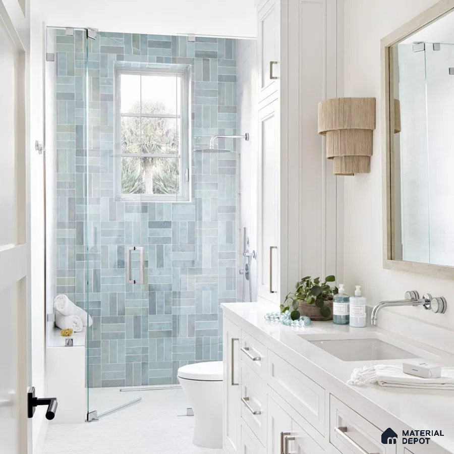 Tranquil Oasis White Serenity with Mosaic Blue Shower Tiles | Material Depot