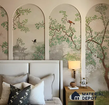 Tranquil Oriental Bedroom With Arched Botanical Mural Panels | Material Depot