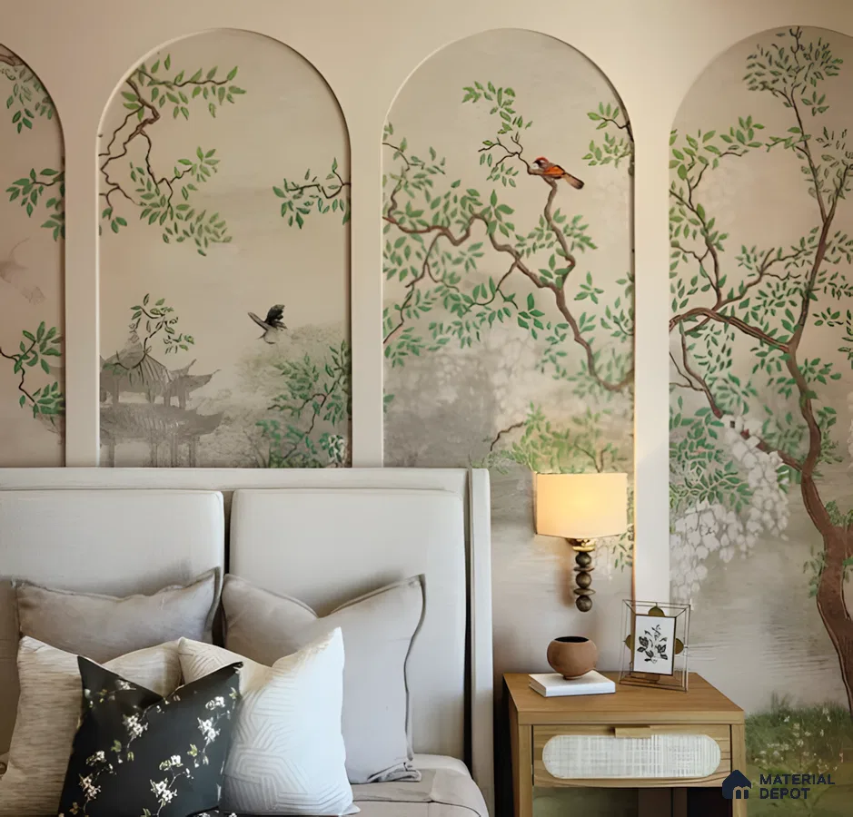 Tranquil Oriental Bedroom With Arched Botanical Mural Panels | Material Depot