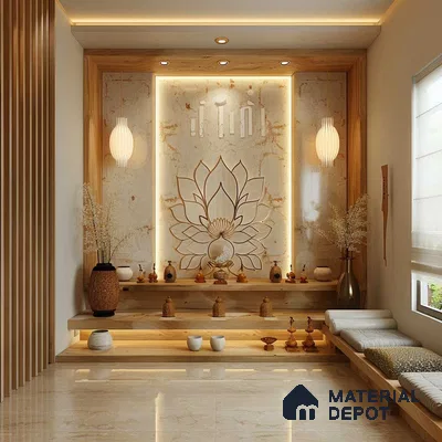 Tranquil Pooja Room with Lotus Motif and Warm Lighting | Material Depot