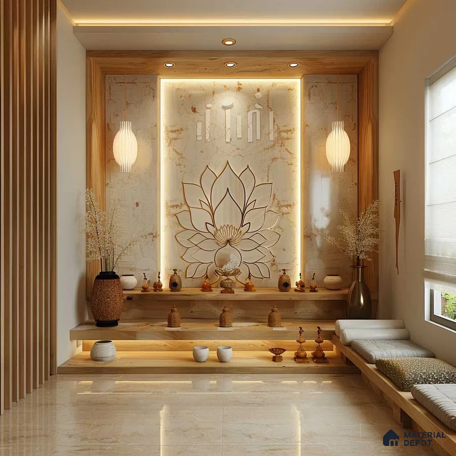 Tranquil Pooja Room with Lotus Motif and Warm Lighting | Material Depot