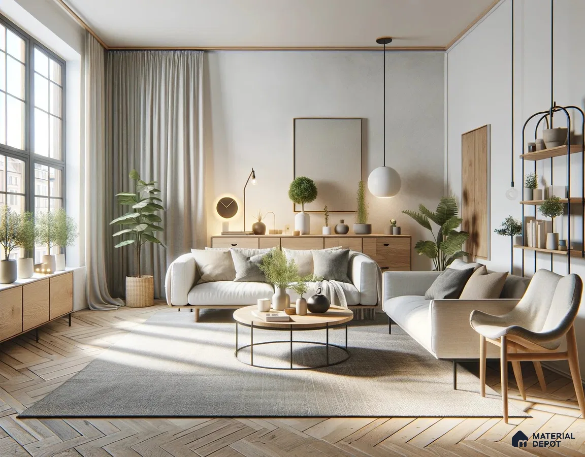 Tranquil Scandinavian Living Room: Blending Comfort with Sleek Aesthetics | Material Depot