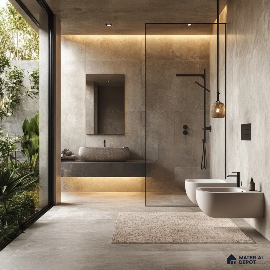 Tranquil Spa-Like Bathroom with Natural Light and Serene Greenery | Material Depot