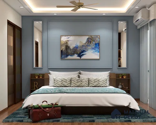"A modern, spacious master bedroom with a tranquil bluish theme, elegant wallpaper, and a hint of brown. Wall trims enhance the room's elegance, providing a serene space for relaxation and rejuvenation.
