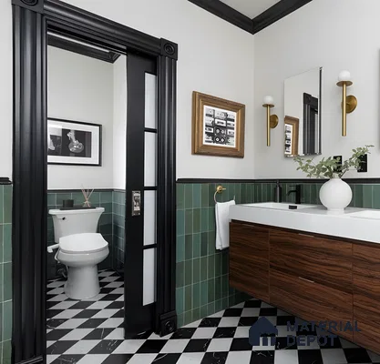 Transitional Bathroom With Dark Green Vertical Tiles, Black & White Checkerboard Floor, And Wood Vanity | Material Depot
