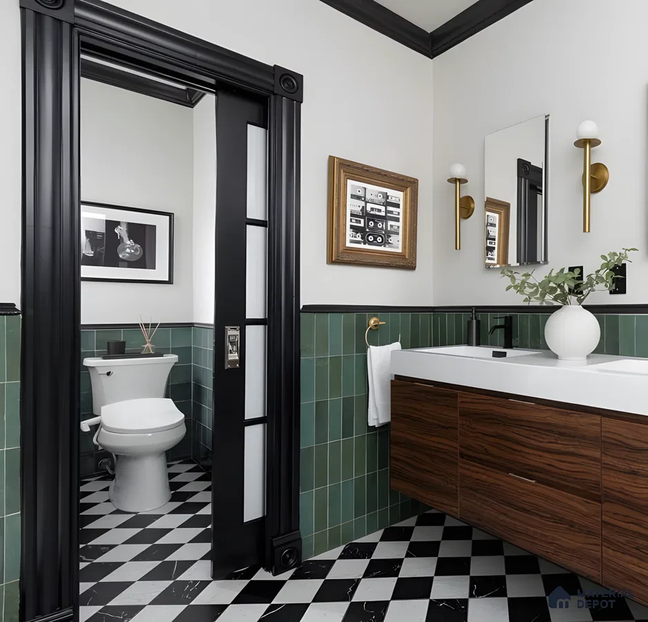 Transitional Bathroom With Dark Green Vertical Tiles, Black & White Checkerboard Floor, And Wood Vanity | Material Depot