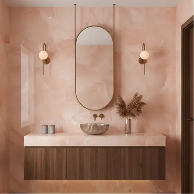 Marble tiles installed on floors or walls, creating a luxurious and sophisticated appearance.