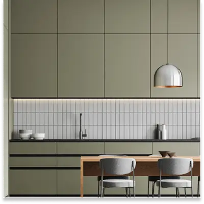 Solid color laminates applied on surfaces, providing a sleek and modern finish.
