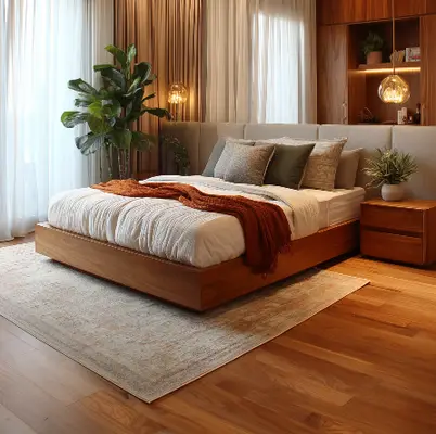 Wooden-textured tiles used in various spaces, offering a natural, warm aesthetic.
