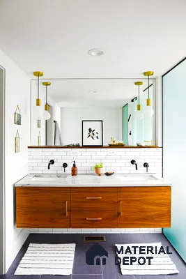 Trendy Bathroom With Subway Tile Backsplash And Brass Hardware | Material Depot