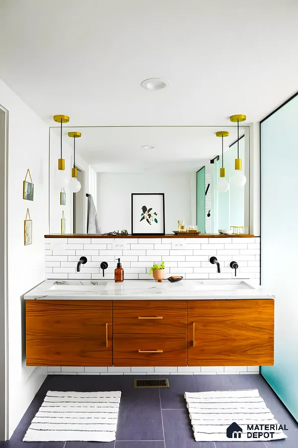 Trendy Bathroom With Subway Tile Backsplash And Brass Hardware | Material Depot