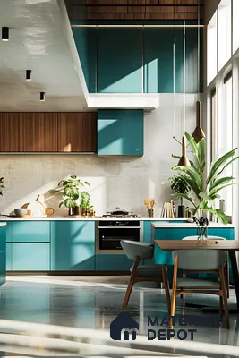 Trendy Blue Kichen With Mixed Materials | Material Depot