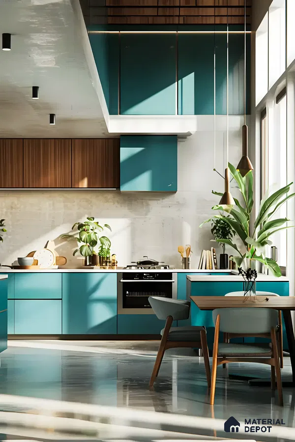 Trendy Blue Kichen With Mixed Materials | Material Depot