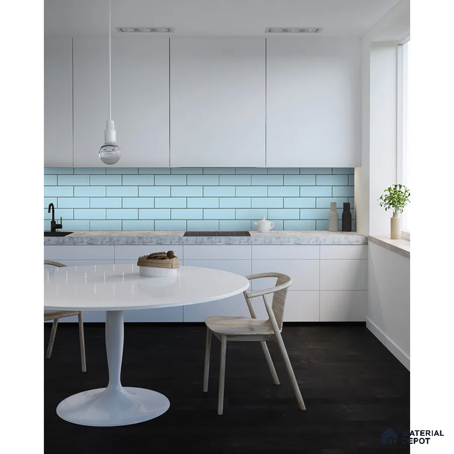 Trendy Contrast White, Light Blue, and Black Kitchen Area | Material Depot
