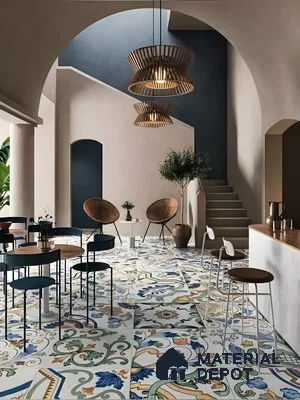 Trendy Kitchen With Blue Accents And Designer Floor Tiles | Material Depot