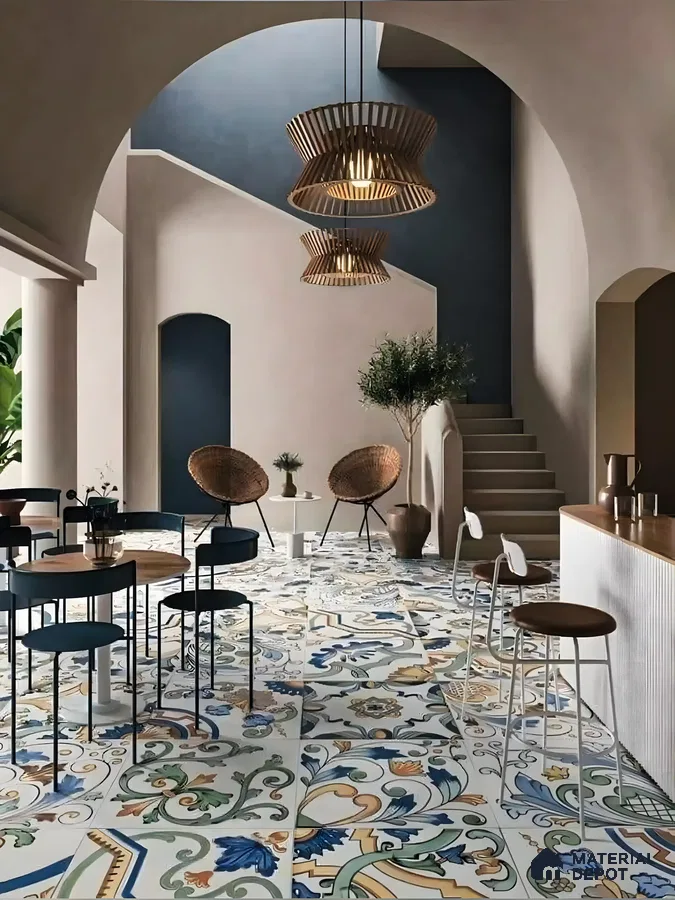 Trendy Kitchen With Blue Accents And Designer Floor Tiles | Material Depot