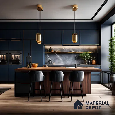 Trendy Kitchen With Matte Blue Cabinets | Material Depot