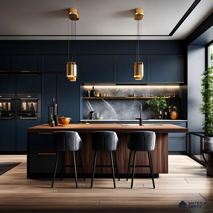 Trendy Kitchen With Matte Blue Cabinets | Material Depot