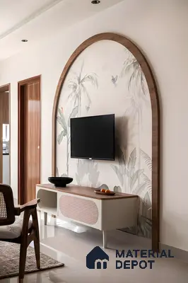 Tropical Arch-Backed Tv Unit Design With Cane And Wood Accents In A Boho-Modern Living Room | Material Depot