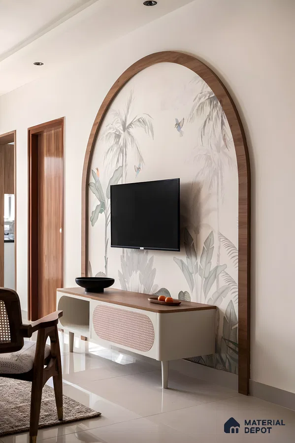 Tropical Arch-Backed Tv Unit Design With Cane And Wood Accents In A Boho-Modern Living Room | Material Depot