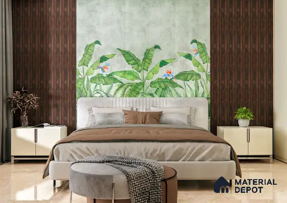 Tropical Bedroom with Dark Fluted Louvers and Parrot Mural | Material Depot