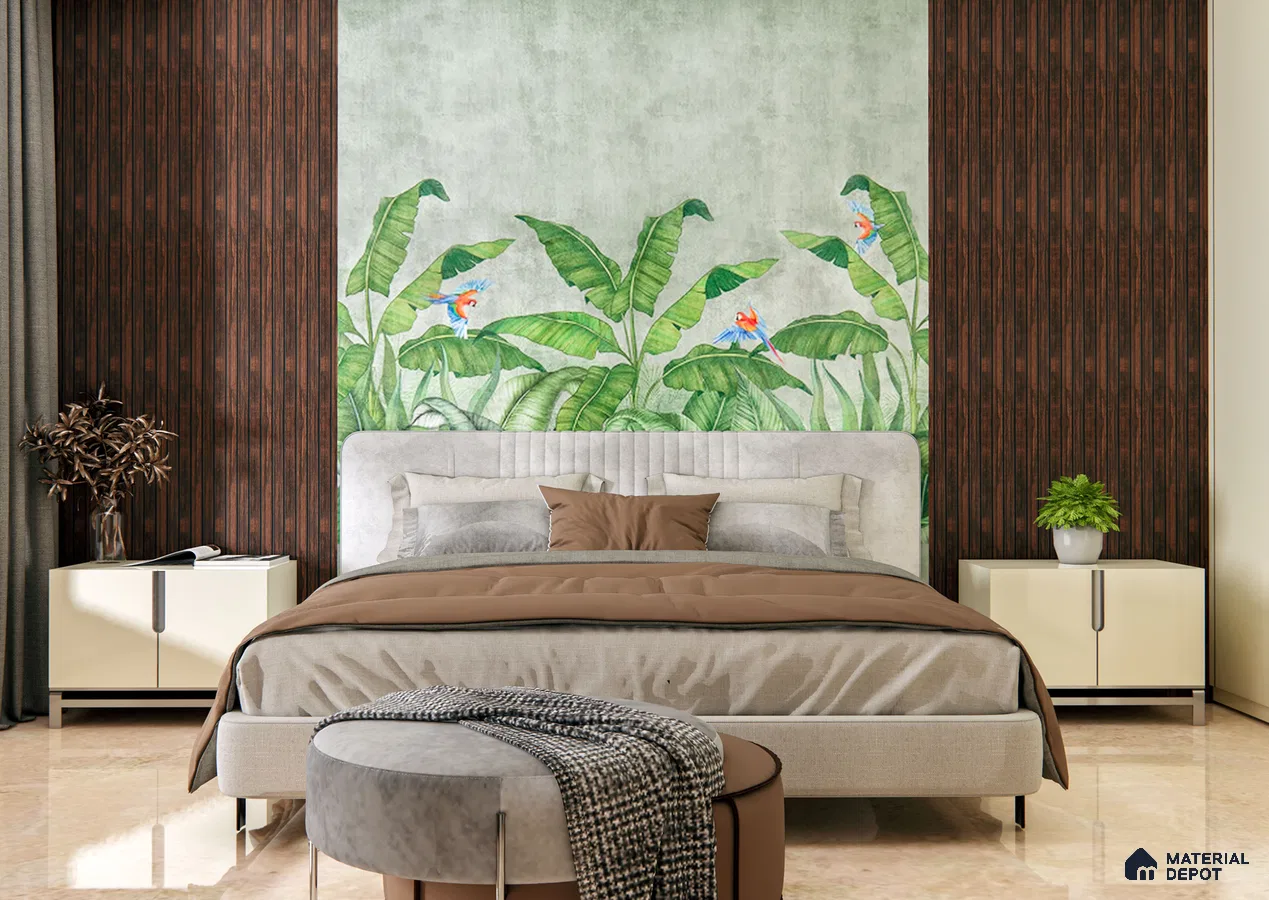 Tropical Bedroom with Dark Fluted Louvers and Parrot Mural | Material Depot