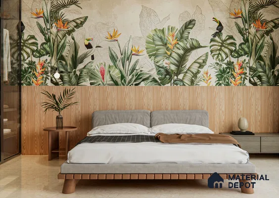 Tropical Bedroom with Jungle Mural and Vertical Wooden Louvers | Material Depot