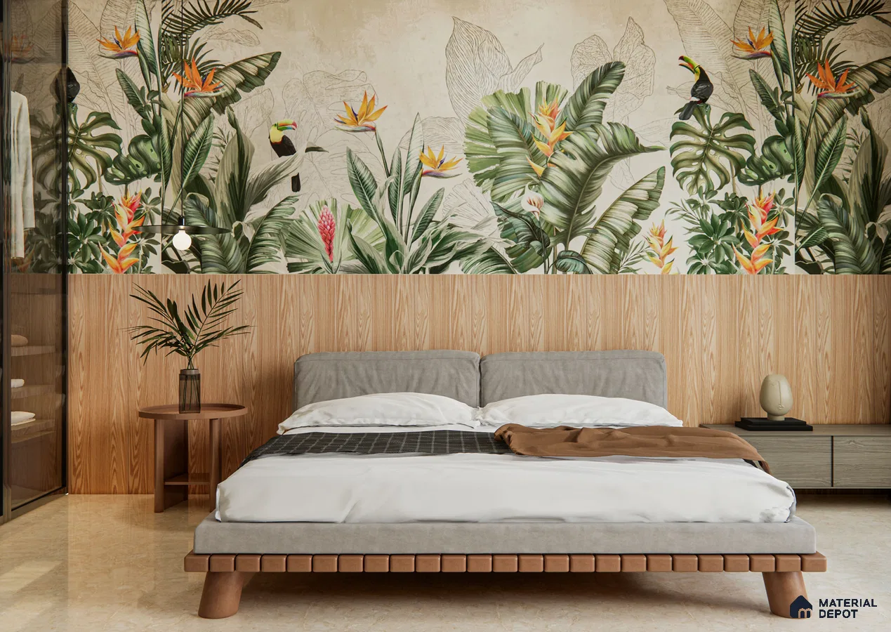 Tropical Bedroom with Jungle Mural and Vertical Wooden Louvers | Material Depot