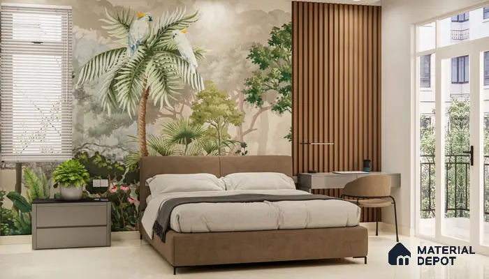 Tropical Bedroom with Nature-Inspired Wallpaper and Wooden Accents | Material Depot