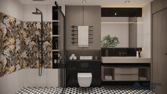 Luxurious Floral Themed Bathroom with Black and Gold Accents | Material Depot