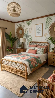 Tropical Bohemian Bedroom With Wicker Bed Frame | Material Depot