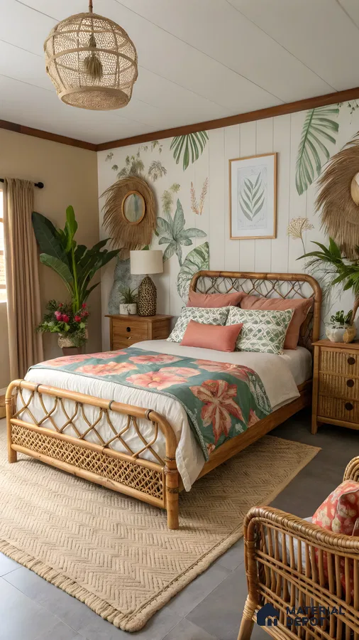 Tropical Bohemian Bedroom With Wicker Bed Frame | Material Depot