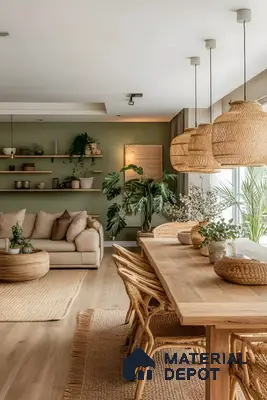 Tropical Bohemian Living Room: Dark Wood Tv Console With Woven Rattan Wall Art And Lush Greenery | Material Depot
