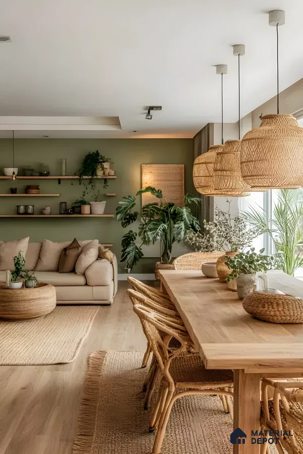 Tropical Bohemian Living Room: Dark Wood Tv Console With Woven Rattan Wall Art And Lush Greenery | Material Depot