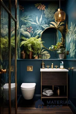 Tropical Botanical Powder Room with Dark Tones and Brass Accents | Material Depot