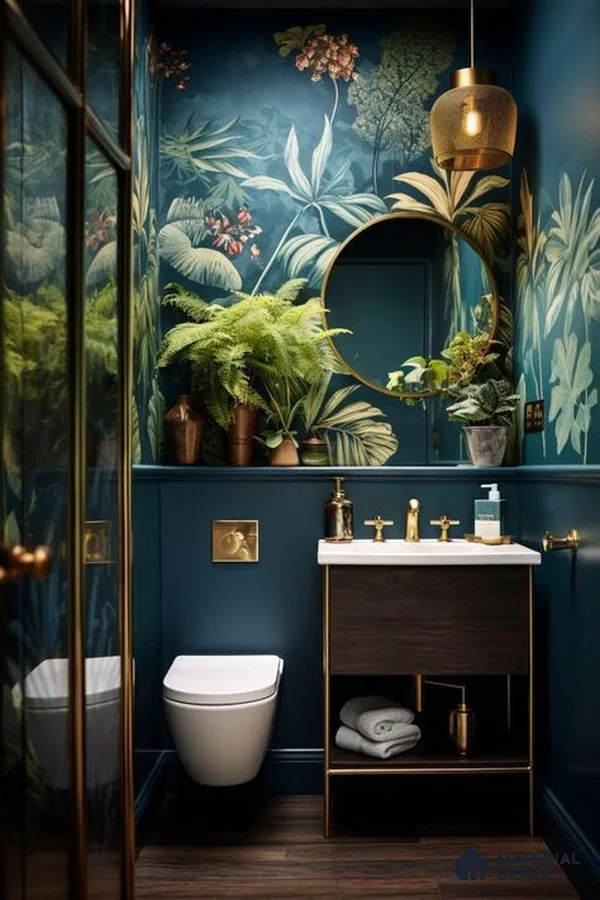 Tropical Botanical Powder Room with Dark Tones and Brass Accents | Material Depot