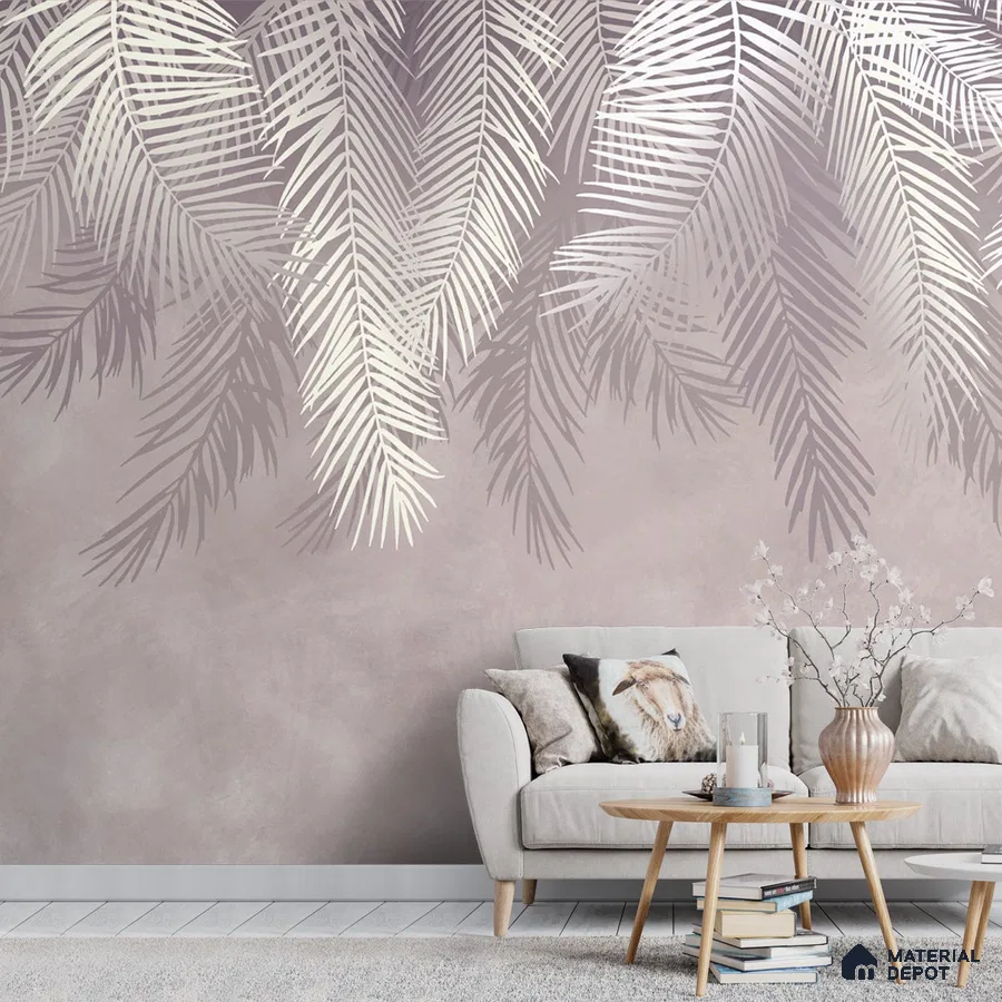 A close-up of a Hanging Tropical Leaves Wallpaper Design Indrani Series Soft Feel Tropical Design (Customised Size Wallpaper )available at Material Depot in Bangalore
